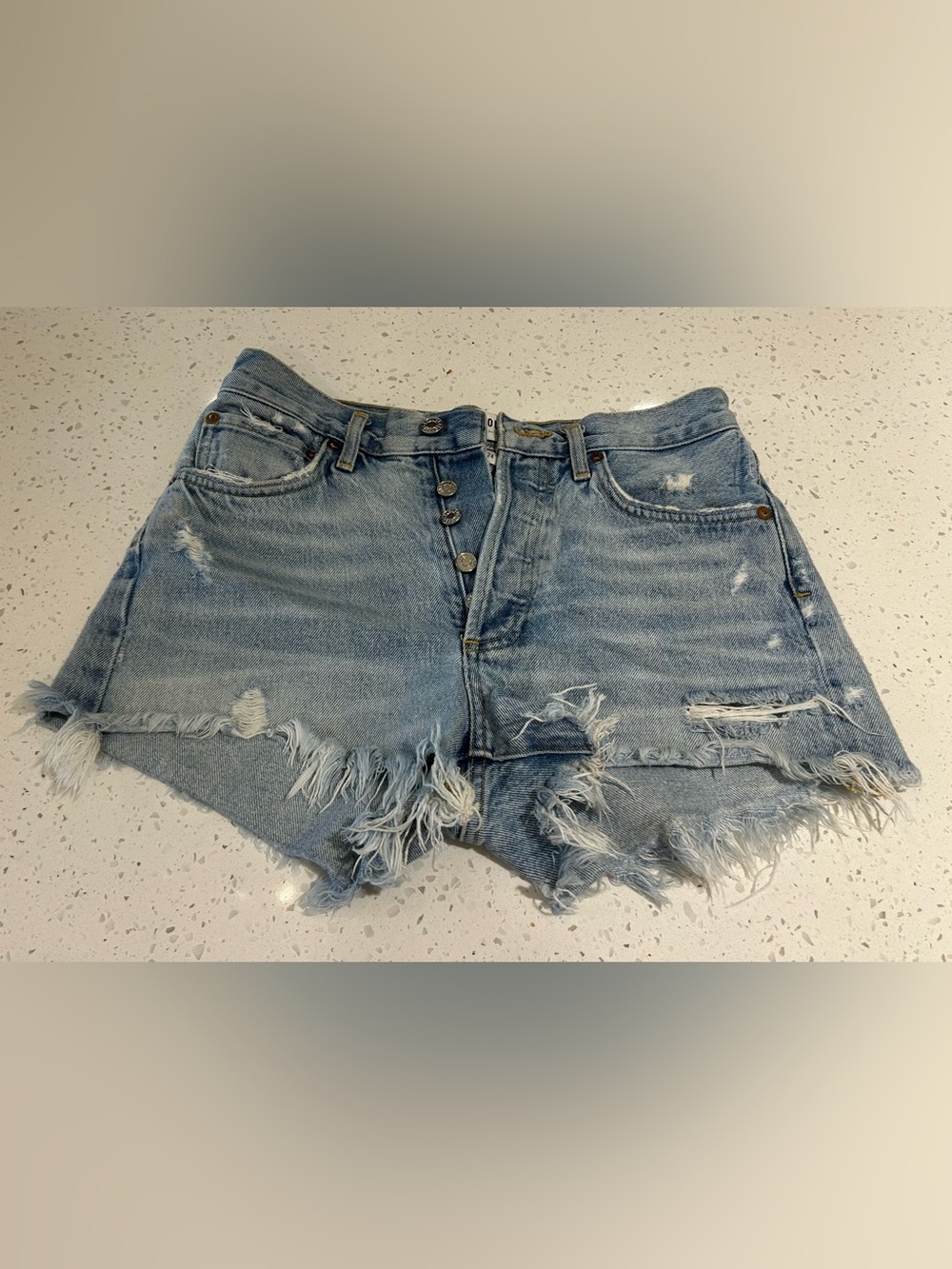 Agolde Light Blue Distressed High-Rise Denim Shorts